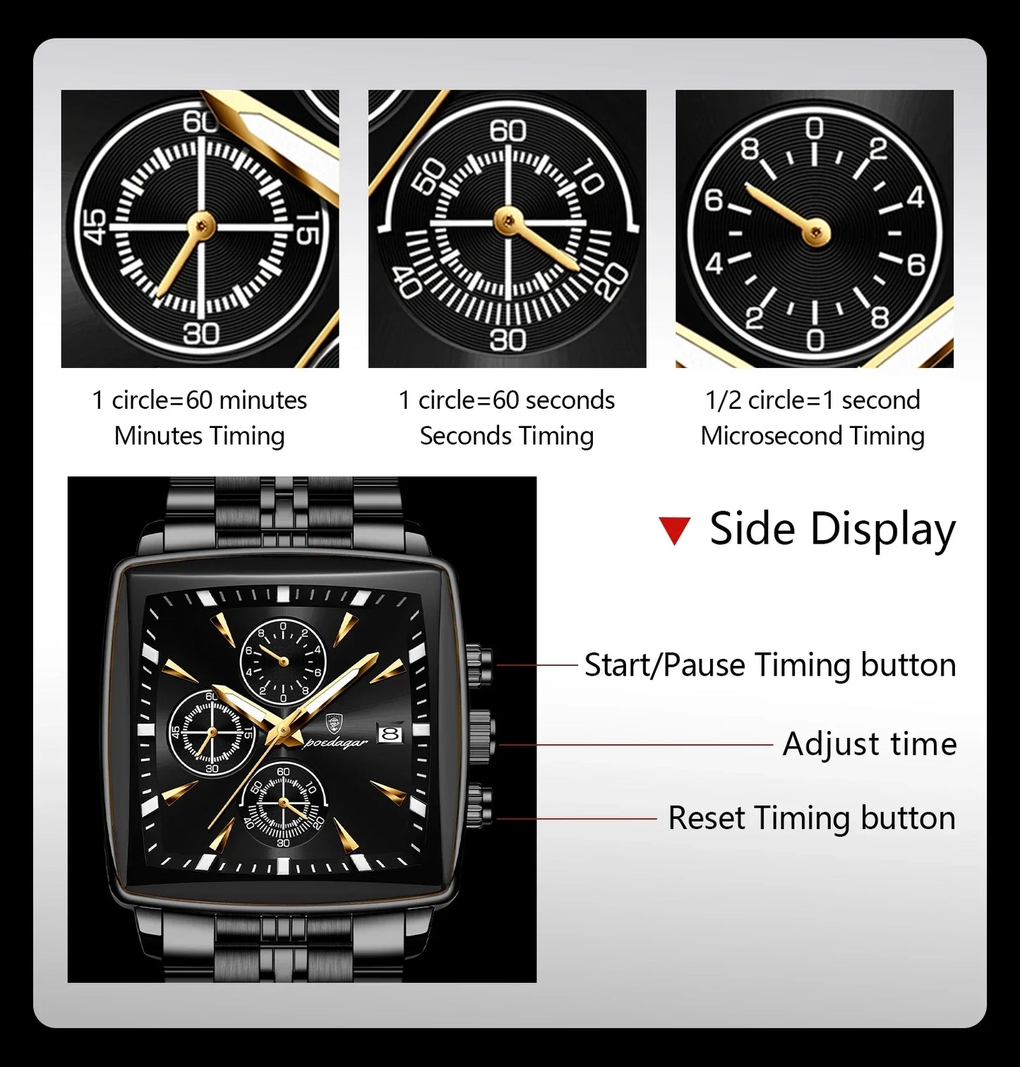 POEDAGAR Square Steel Watch