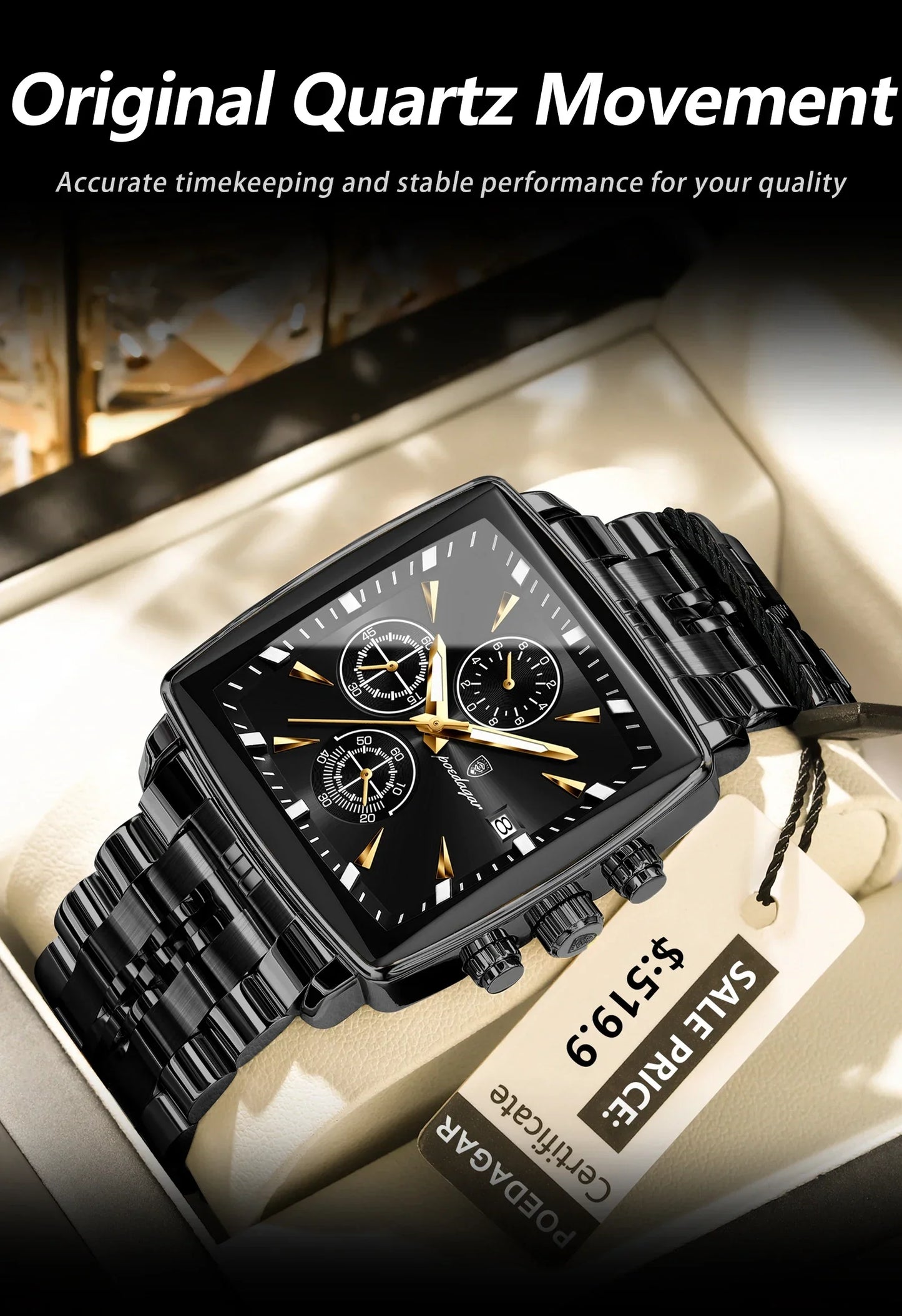 POEDAGAR Prestige Square Chronograph Watch