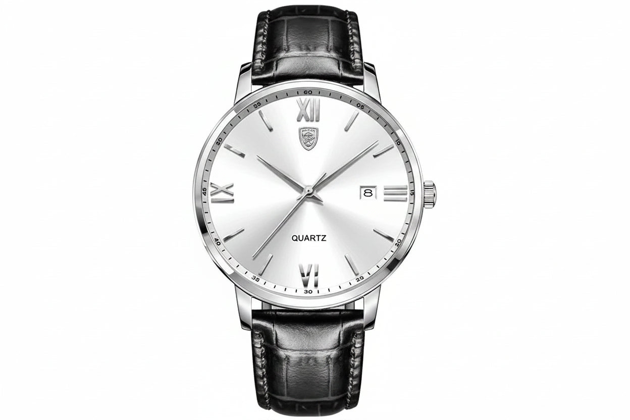 POEDAGAR Minimal Date Leather Watch